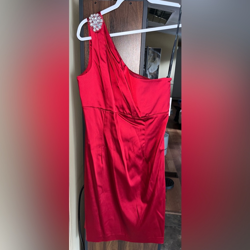 Brand New Calvin Klein Red Asymmetrical Ruched Cocktail Dress